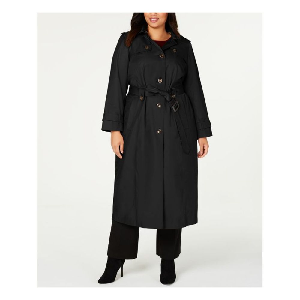 LONDON FOG COLLECTION Womens Black Belted Button Down Hooded Trench Coat Plus 3X
